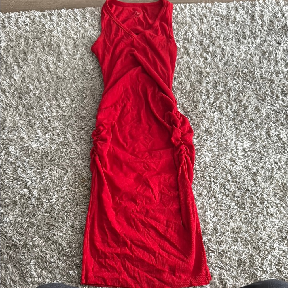 A New Day Red Asymmetrical Ruched Midi Dress